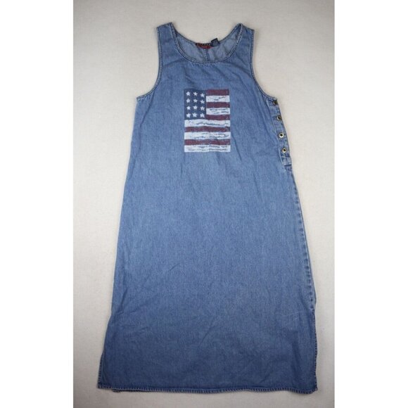 VINTAGE 90s WOMEN'S DENIM MIDI AMERICAN FLAG PRINT JUMPER DRESS - SIZE PM - Picture 2 of 6